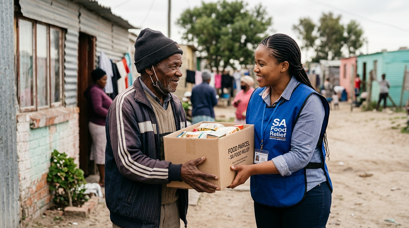 Volunteer handing food to an elder